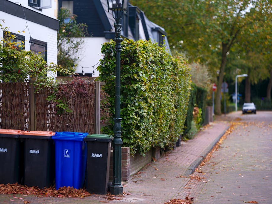 A row of waste bins positioned along the edge of a residential sidewalk in Fulham, including three black bins with orange lids, a blue bin with a black lid, and a gray bin with a black lid, all bearing the RMN logo. The bins are placed against a wooden fence with woven panels, situated next to a black lamppost adorned with green foliage. The environment appears to be in an autumn setting, with scattered brown leaves on the pavement and a large hedge with green and yellow leaves behind the bins. The sidewalk is paved with concrete bricks, and a narrow gutter runs along its edge. In the background, there is a residential street with trees, more lampposts, and a parked silver car, indicating a quiet urban area. The scene subtly illustrates private waste management arrangements, where bins are kept accessible for potential independent rubbish collection services, as might be managed by companies like Waste Disposal Fulham for local rubbish removal needs.